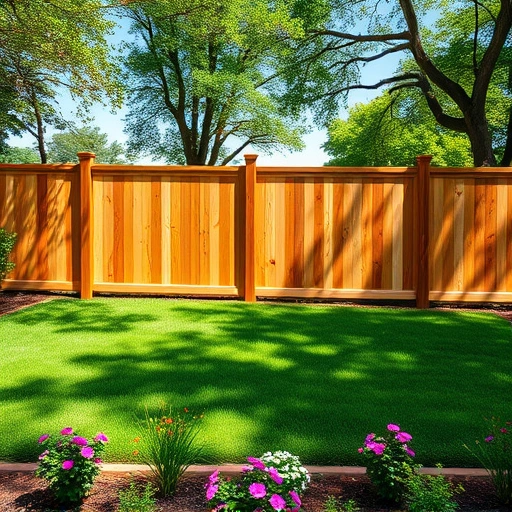 Completed wooden fence installation in Attalla AL, showcasing natural grain, lush lawn, and vibrant garden elements.