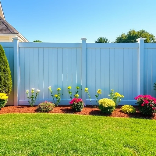 Completed vinyl fence installation in Cohutta GA with smooth white panels in a lush green yard under a clear blue sky.