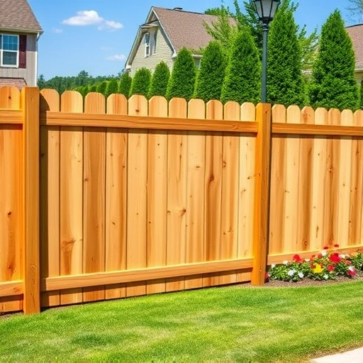 Completed wooden picket fence in LaFayette GA, showcasing cedar craftsmanship in a sunny suburban setting.