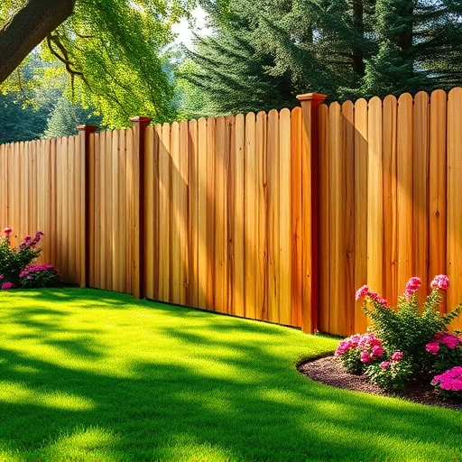 Completed wooden fence in Canton GA surrounded by green lawn and colorful flower beds under dappled sunlight.