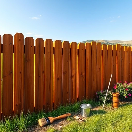 Freshly stained wooden fence in Cohutta GA, surrounded by vibrant grass and flowers under golden sunlight.