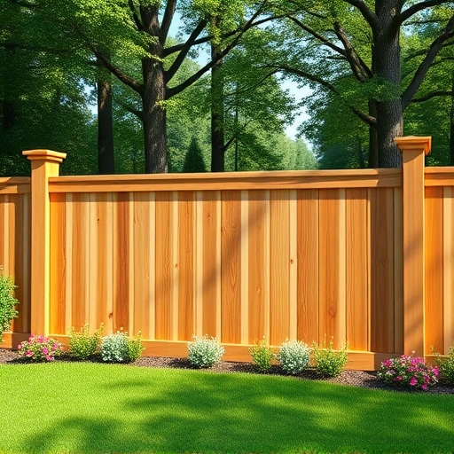 Beautiful cedar wooden fence installation in Menlo GA surrounded by green grass and colorful flowers under dappled sunlight