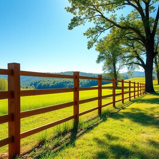 Completed wooden farm fence installation in Cohutta GA with lush countryside and blue sky in serene landscape.