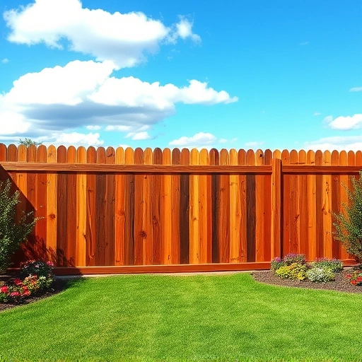Wooden privacy fence installation in LaFayette GA with lush lawn, flowers, and clear blue sky, showcasing craftsmanship.