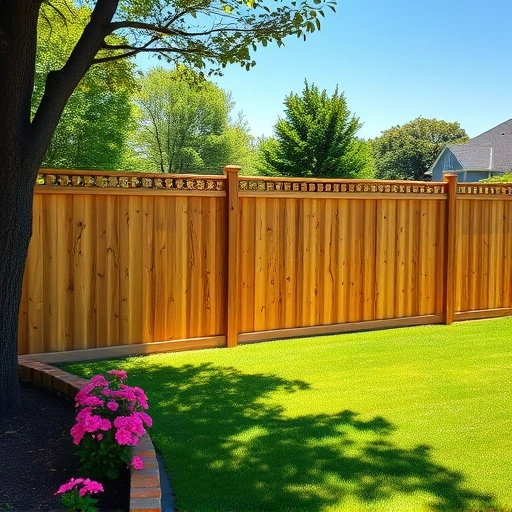 Completed wooden privacy fence in Fort Oglethorpe GA surrounding a lush backyard with blooming flowers and vibrant lawn.