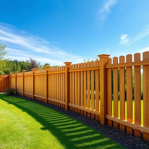 Beautiful wooden fence curving through lush yard in Centre AL with polished posts and vibrant blue sky backdrop.