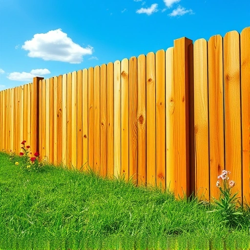 Completed wooden fence installation in Menlo GA, blending with nature, surrounded by grass and wildflowers under a blue sky.