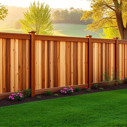 Beautiful wooden privacy fence in Cohutta GA surrounded by green grass and vibrant flower beds under golden sunlight.