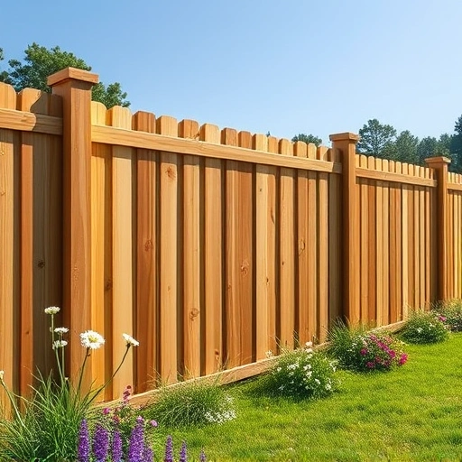 Completed wooden fence installation in Piedmont AL surrounded by greenery and flowers under a clear blue sky.