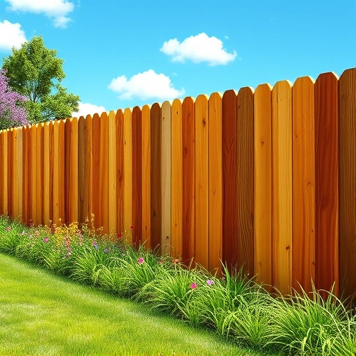 Completed wooden fence panel in Cohutta GA with rich finish, lush greenery, flowers, and clear blue sky.