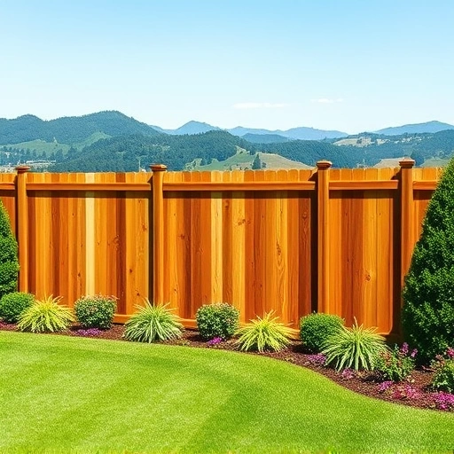 Beautiful wooden fence installation in Tunnel Hill GA surrounded by lush lawn and vibrant garden with rolling hills.