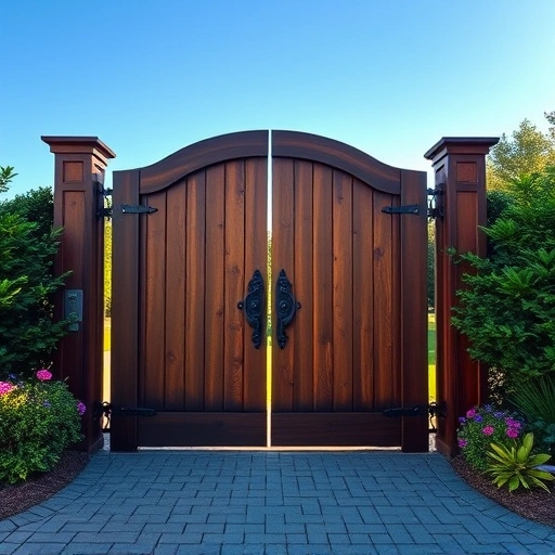 Beautiful wooden gate repair in Cohutta GA surrounded by vibrant flowers and manicured yard under a clear blue sky.