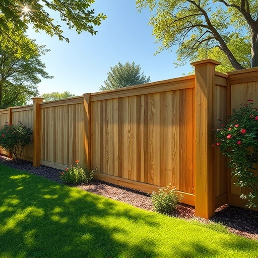 Perfect wooden fence installation in Boaz AL, surrounded by lush greenery and vibrant flowers under a clear blue sky.