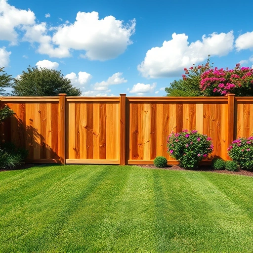 Beautiful wooden privacy fence in Boaz AL framed by lush lawn and vibrant shrubs under a clear blue sky.