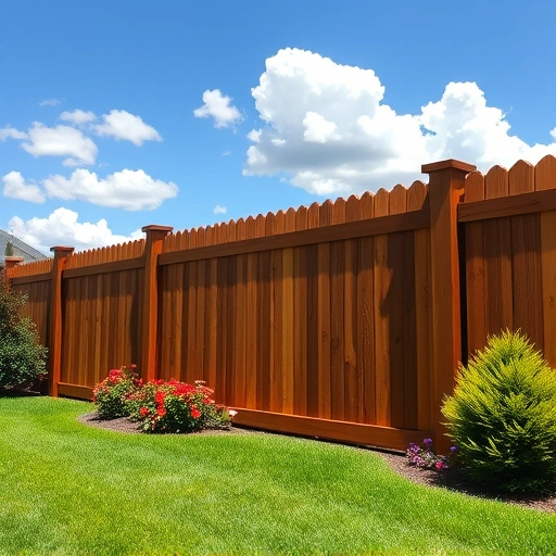 Beautiful wooden fence in Calhoun GA, stained chestnut, surrounded by lush grass and vibrant flower beds.