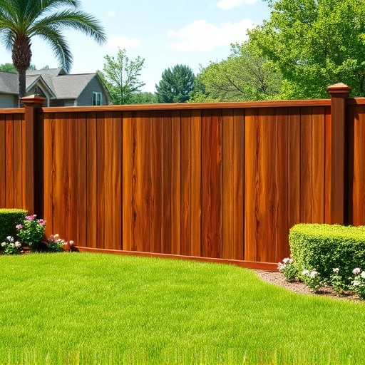 Completed wooden privacy fence installation in Cohutta GA surrounded by green grass and blooming flowers.