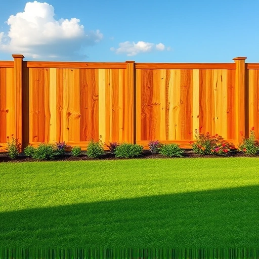 Wooden privacy fence in Jacksonville AL with intricate grain, lush lawn, and vibrant garden beneath a clear blue sky.
