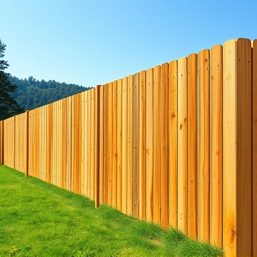 Completed wooden fence in Cohutta GA with natural finish, surrounded by lush lawn and rolling hills under blue sky.