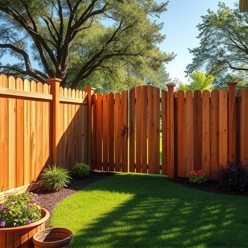 Beautifully crafted cedar fence in serene Scottsboro backyard, surrounded by lush grass and colorful flowers.