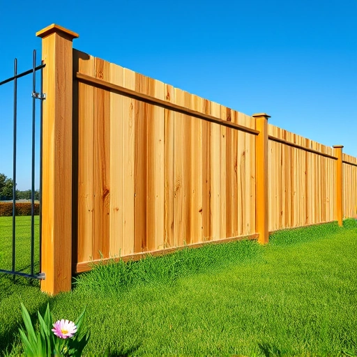 Completed wooden and metal fence in Calhoun GA with vibrant grass and flowers against a clear blue sky.
