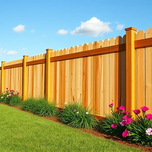 Beautiful wooden fence installation in Piedmont AL surrounded by lush grass and vibrant flowers under a clear blue sky.