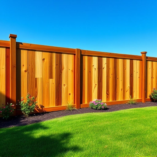 Beautiful wooden fence installation in Jacksonville AL, surrounded by lush lawn and vibrant flowers under a clear sky.