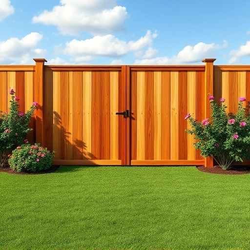 Completed wooden privacy fence in LaFayette GA, surrounded by green grass and flowering shrubs under a blue sky.