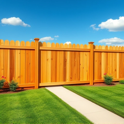 Completed wooden fence installation in Scottsboro AL, surrounded by green grass and colorful flowers.