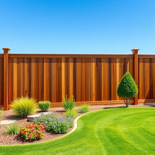 Beautiful wooden privacy fence in Menlo, GA, with vibrant grass, flowers, and a clear blue sky in the background.