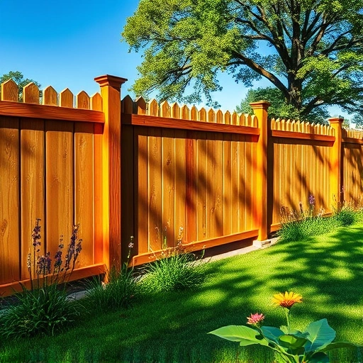 Completed wooden fence in Piedmont AL with natural stain, surrounded by lush grass and vibrant wildflowers.