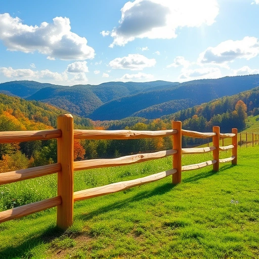 Serene landscape in Cohutta GA features a warm sunlit wooden fence, rolling hills, greenery, and autumn leaves.
