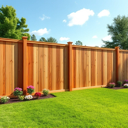 Wooden fence installation in Fort Oglethorpe GA with lush lawn, colorful flowers, and serene blue sky.