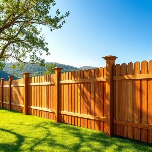 Completed wooden fence installation in Fort Payne AL with rich tones, lush lawn, and serene landscape background.