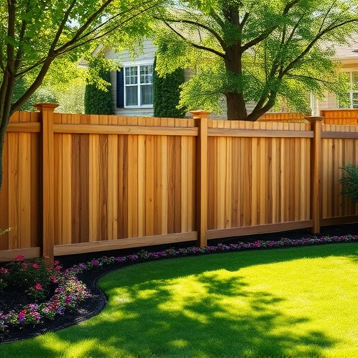 Completed wooden privacy fence in Chattanooga TN, surrounded by vibrant flowers and a modern house in a sunny backyard.
