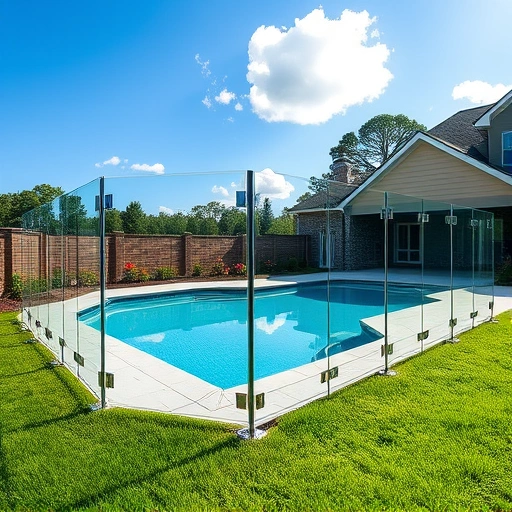 Modern glass pool fence installation in Cohutta GA, surrounded by lush landscaping and a bright blue sky.