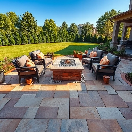 Completed patio in Cohutta GA with stone pavers, outdoor dining set, fire pit, and lush greenery under a blue sky.