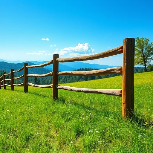 Wooden fencing in Cohutta GA surrounded by green grass and wildflowers with Blue Ridge Mountains in the background.