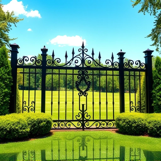 Wrought iron fence installation in Cohutta GA with intricate details, lush green lawn, and clear blue sky backdrop.