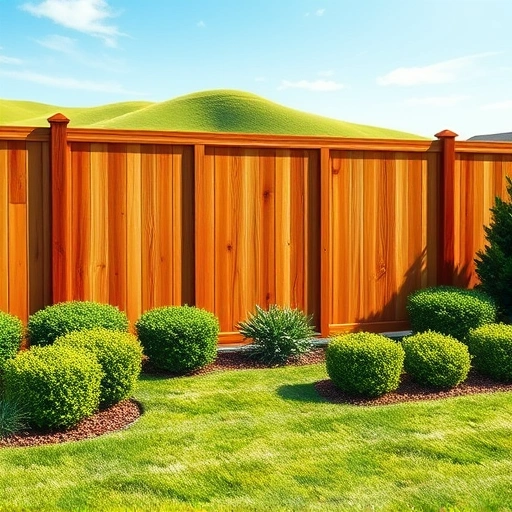 Wooden privacy fence installation in Collinsville AL with rich tones, manicured lawn, and rolling hills in soft sunlight.