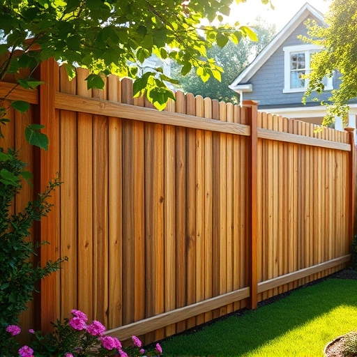 Completed wooden fence in Summerville GA surrounded by greenery and flowers with soft sunlight illuminating the scene