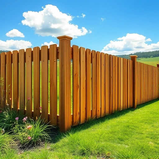 Wooden fence installation in Rock Spring GA, surrounded by lush grass, flowers, and rolling hills under a blue sky.