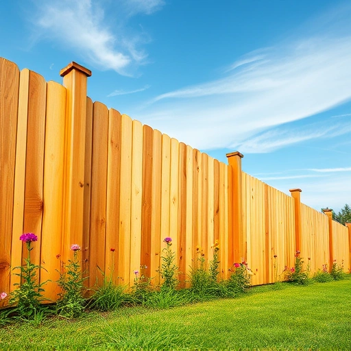 Sturdy wooden fence installation in Adairsville GA surrounded by lush lawn and wildflowers under a clear blue sky.