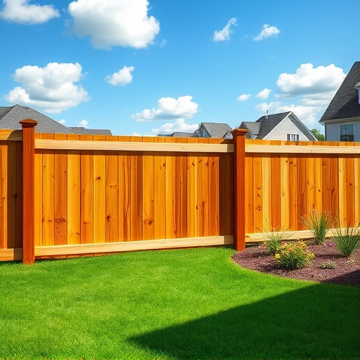 Elegant wooden fence installation in Boaz AL, framed by vibrant grass and flowers under a clear blue sky.