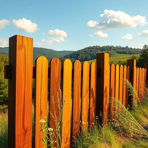 Wooden fence post in Cohutta GA, surrounded by greenery, wildflowers, and rolling hills under golden sunlight.