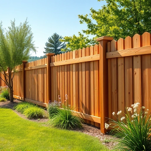 A beautifully crafted wooden fence in Jasper GA surrounded by vibrant greenery and blooming flowers under a clear blue sky.
