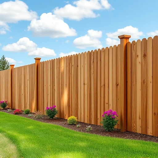 Beautiful wooden fence installation in Cohutta GA, surrounded by lush lawn and colorful flower beds under a blue sky.