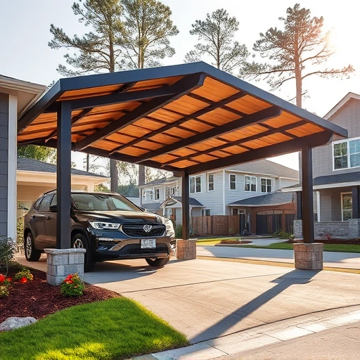 Modern carport in Cohutta GA features steel and wood, surrounded by landscaped gardens in a sunny neighborhood.