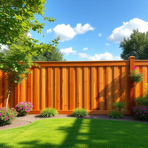 Beautiful wooden privacy fence in Gadsden AL, surrounded by vibrant flowers and lush landscaping under a clear blue sky.