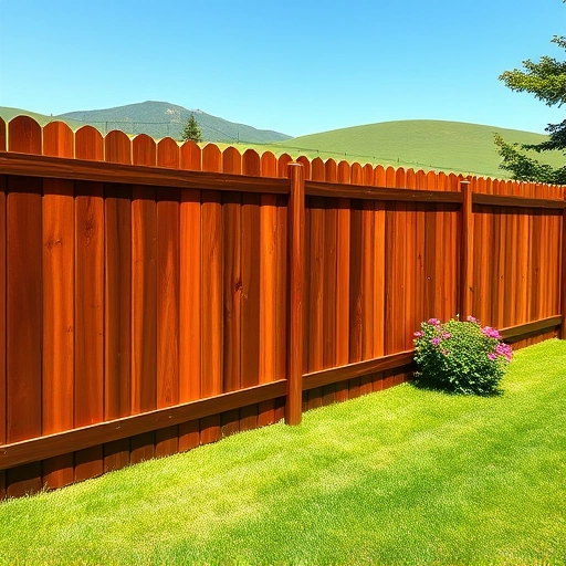 Pristine wooden fence sealing in Cohutta GA, showcasing deep color, lush lawn, and blooming flowers under blue sky.