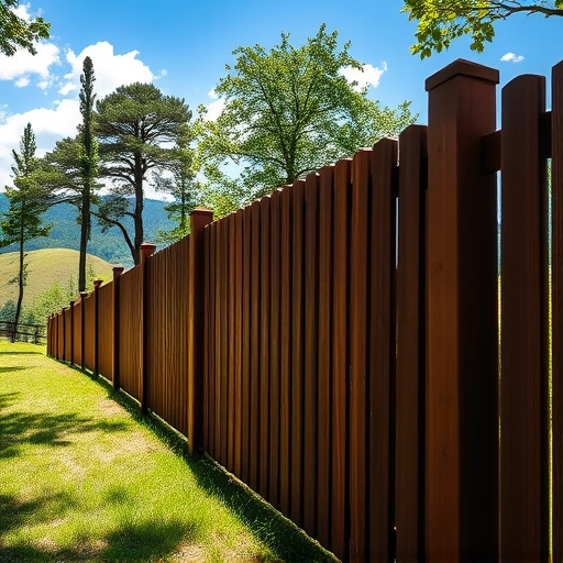 Wooden fence in Cohutta GA made of dark cedar, surrounded by greenery and rolling hills under a blue sky.